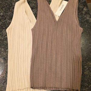 Set Of 2 NWT The Workshop Size Large Ribbed V-Neck Tank Tops - Taupe & Cream